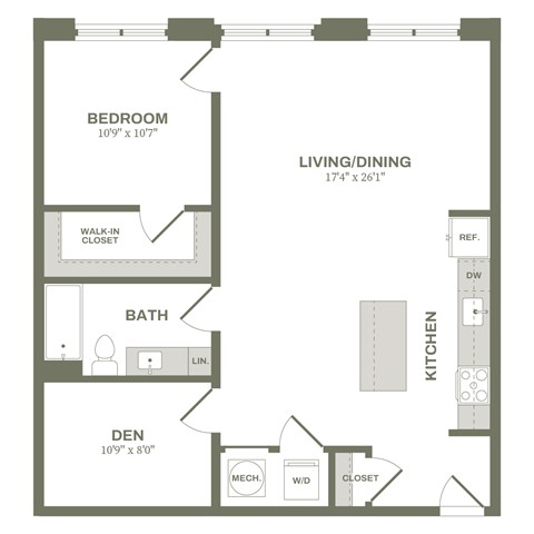 Floor plan for 1 bed, 1 bath, 906 sqft